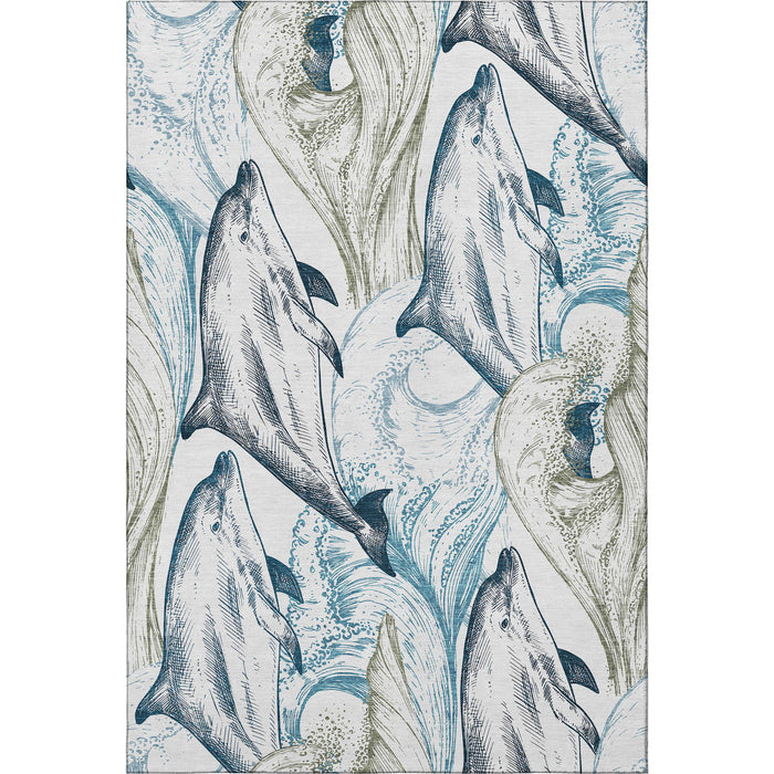 9' X 12' Denim Nautical Washable Area Rug With UV Protection - Ivory