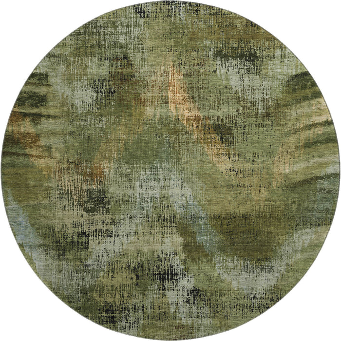 8' Abstract Washable Round Rug With UV Protection - Olive Green And Charcoal