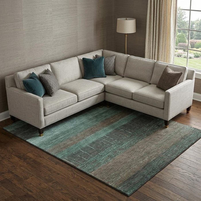 10' X 14' Striped Washable Area Rug With UV Protection (694496) - Teal / Taupe / Sage
