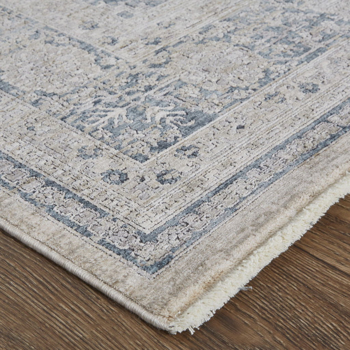 10' Oriental Power Loom Runner Rug With Fringe - Gray Blue And Taupe