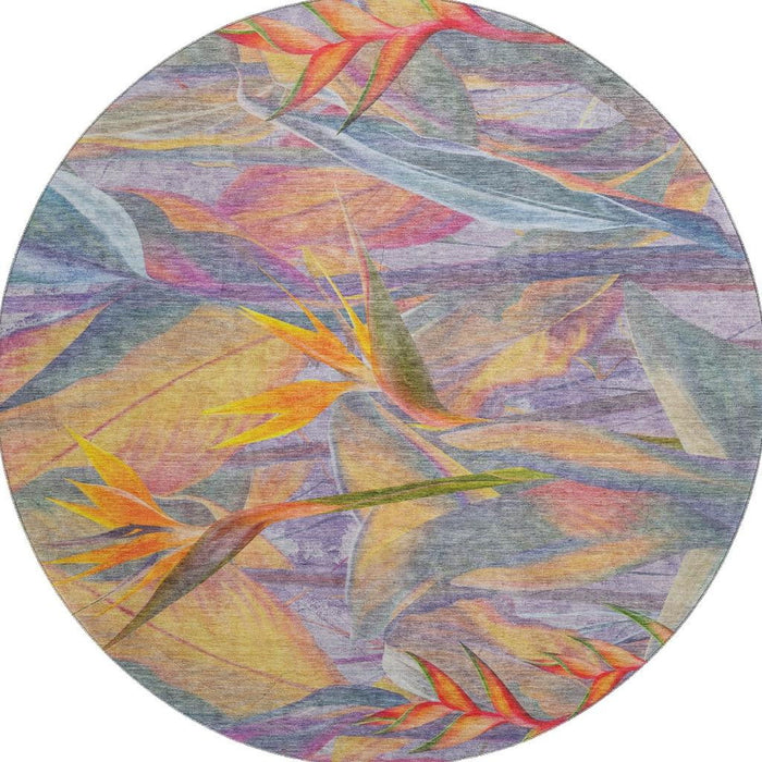 8' Geometric Washable Round Rug With UV Protection (646388) - Rainbow / Ivory