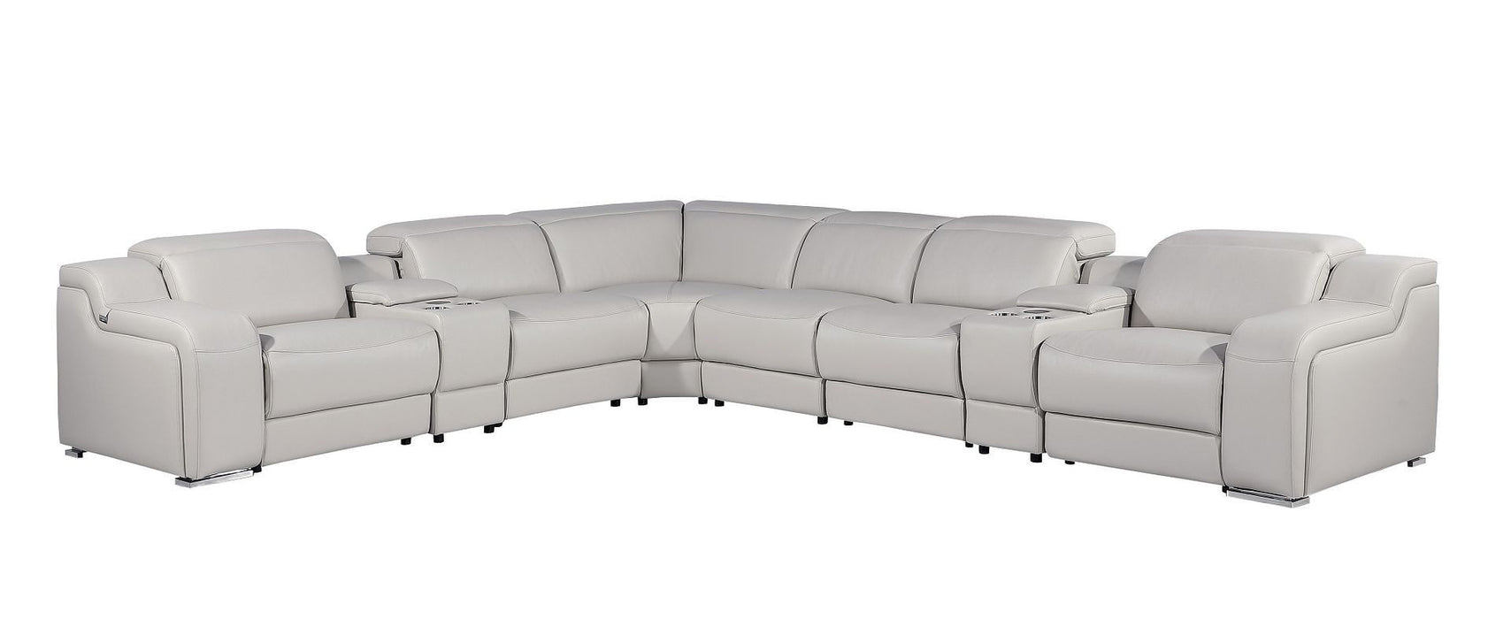 Italian Leather Power Reclining Curved 8 Piece Corner Sectional With Console - Light Gray