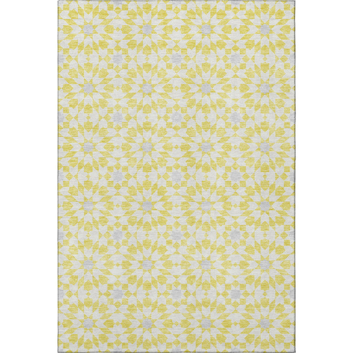 9' X 12' Geometric Washable Area Rug With UV Protection - Yellow And Gray