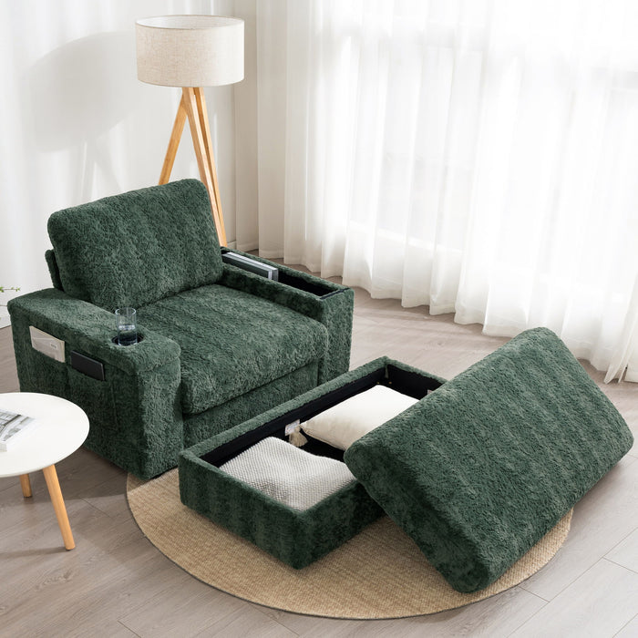 Giga oversized chaise lounge indoor rabbit fur sofa bed with storage ottoman, armrests, cup holders, and deep seat for comfort.