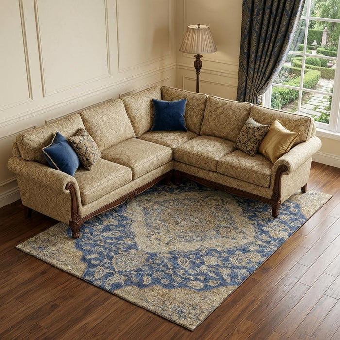 10' X 14' Floral Medallion Washable Area Rug With UV Protection (686909) - Navy Blue / Beige / Gray