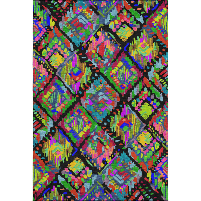 10' X 14' Geometric Washable Area Rug With UV Protection (693006) - Black / Red / Pink / Green