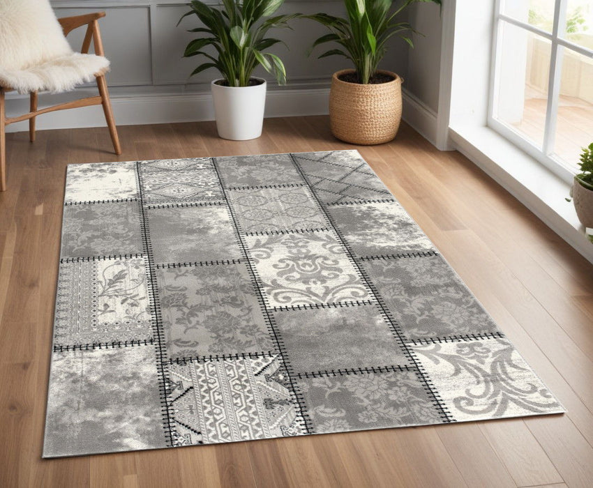 4' X 6' Damask Washable Area Rug (487579) - Gray / Ivory