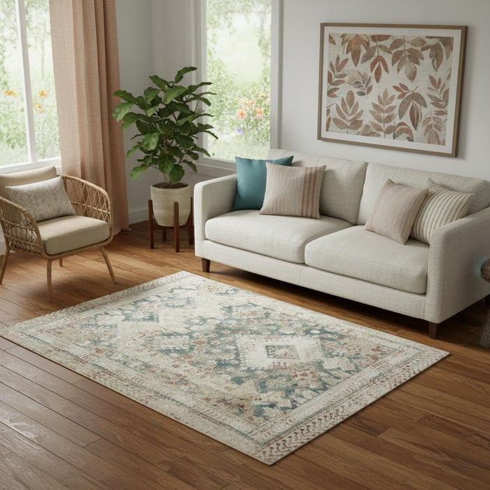 5' X 7' Oriental Non Skid Area Rug (550130) - Ivory / Green / Orange