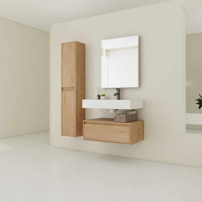 Modern Giga wall-mounted 30-inch bathroom vanity with resin sink and side cabinets in imitation oak finish.