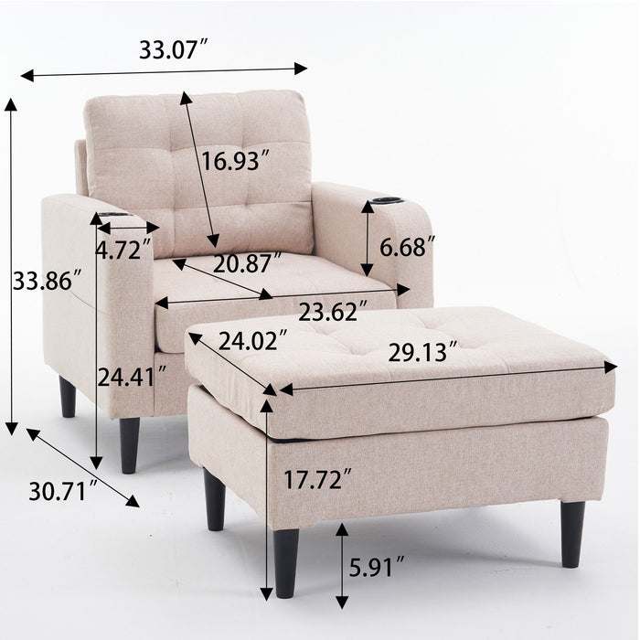 Giga upholstered armchair and storage ottoman set with tufted detailing, cup holders, and comfortable design for living room or bedroom.