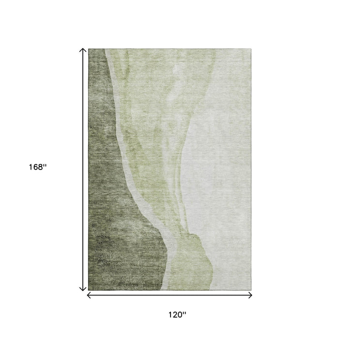 10' X 14' Abstract Washable Area Rug With UV Protection (655331) - Olive Green / Ivory
