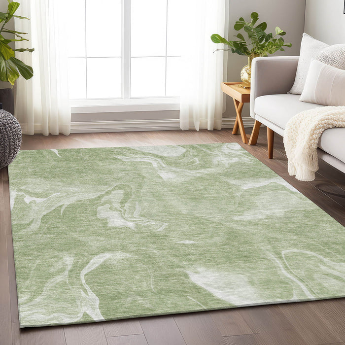 8' X 10' Abstract Washable Area Rug Polyester With UV Protection - Artichoke Green And Ivory