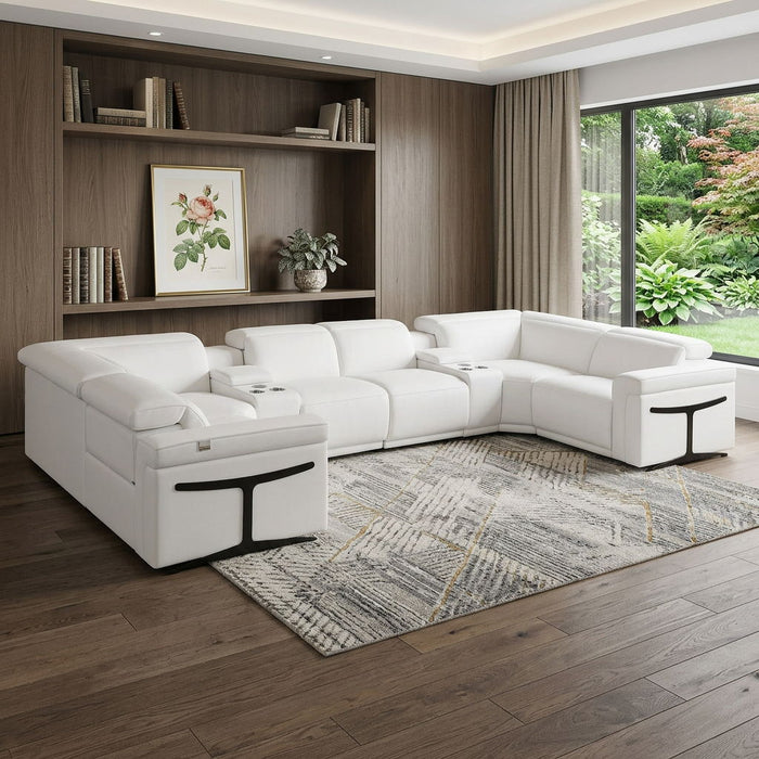 Italian Leather Modular U-Shaped Eight Piece Corner Sectional With Console - White
