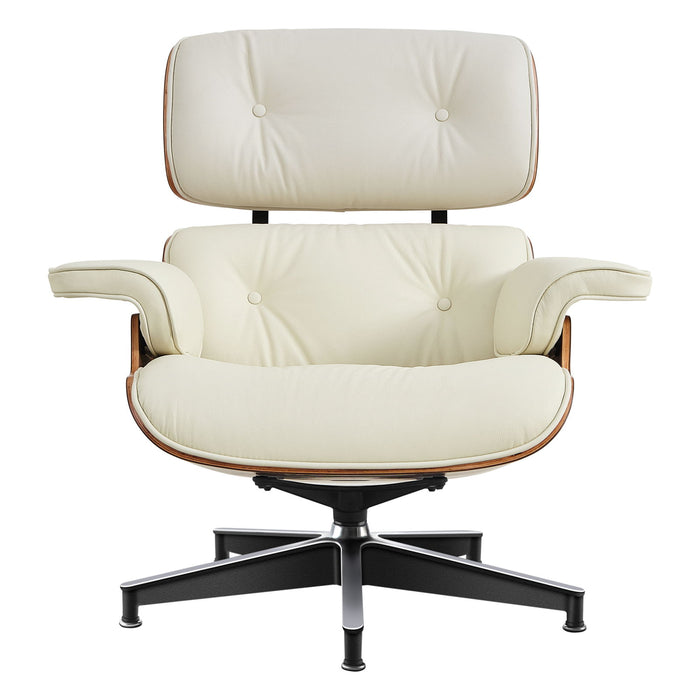 Off-white tufted genuine leather swivel lounge chair with matching walnut ottoman, featuring a modern stationary design and plush cushioning.