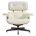 Off-white tufted genuine leather swivel lounge chair with matching walnut ottoman, featuring a modern stationary design and plush cushioning.