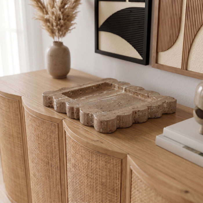Natalie Meridian Furniture travertine tray with gold handles, rectangular serving tray with elegant natural stone surface.