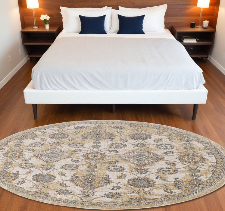 9' Round Wool Floral Vines Area Rug - Ivory