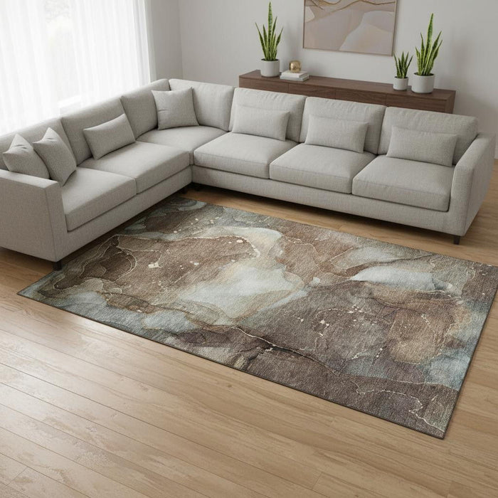 10' X 14' Abstract Washable Area Rug With UV Protection (647362) - Brown / Ivory / Gray