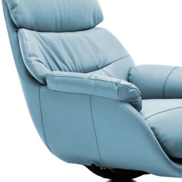 Baby blue tufted genuine leather swivel recliner with matching ottoman by HomeRoots, featuring a plush, cushioned design.
