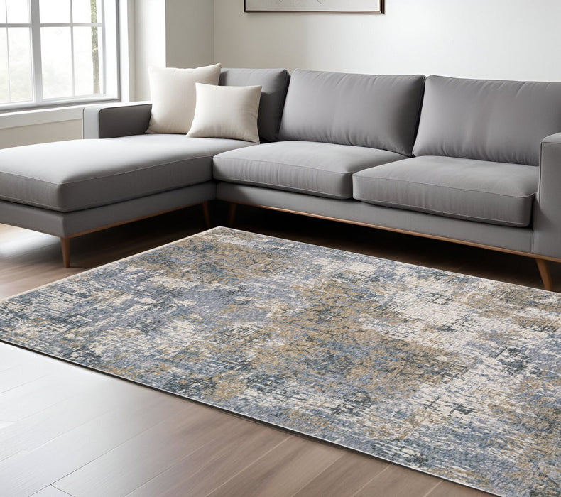 7' X 10' Abstract Distressed Area Rug With Fringe - Beige And Blue