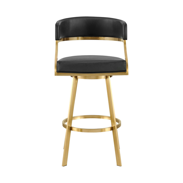 26" Faux Leather And Stainless Steel Low Back Counter Height Swivel Bar Chair - Black / Gold