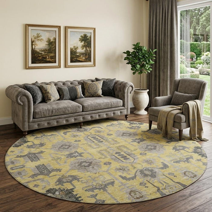8' Oriental Washable Round Rug With UV Protection (656630) - Amber / Gray / Charcoal