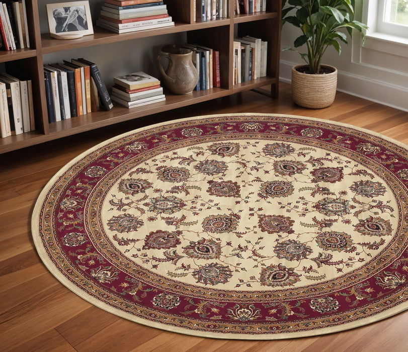 8' Traditional Oriental Round Rug - Ivory And Red