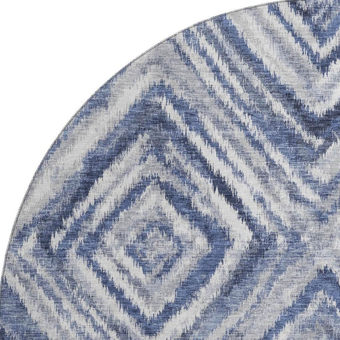 8' Geometric Washable Round Rug With UV Protection - Blue / Gray