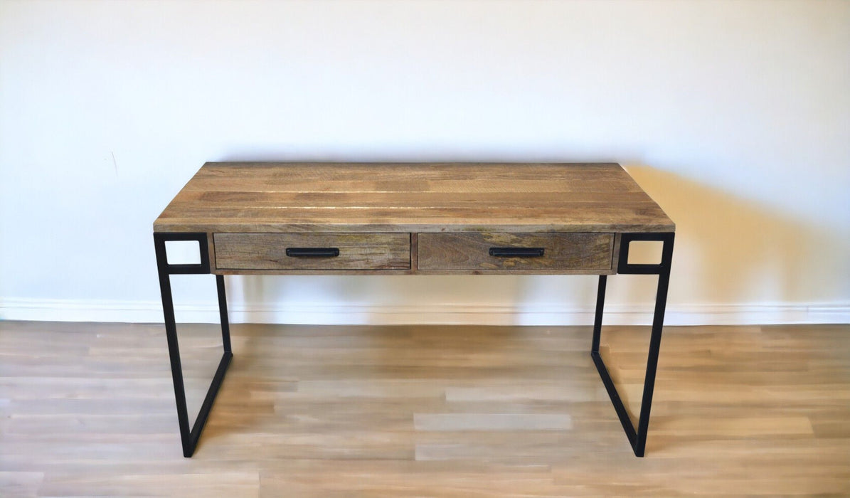 Solid Wood Writing Desk With Two Drawers - Natural And Black