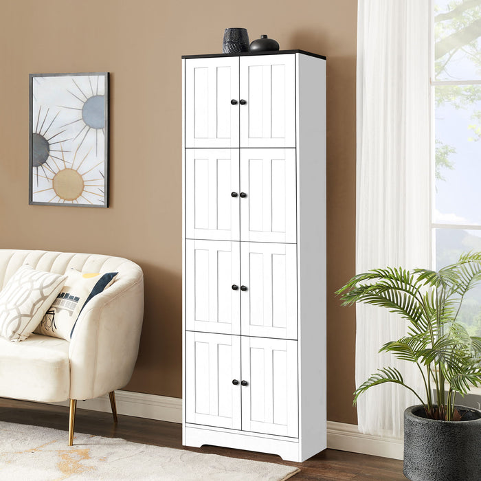 Giga tall accent storage cabinet with 8 doors and 4 shelves, wall-mounted unit for living room, kitchen, or office storage