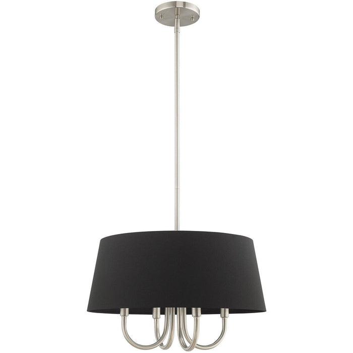 20-inch HomeRoots chandelier with four dimmable lights and pearl silver shades, featuring a nickel finish, ideal for elegant lighting.