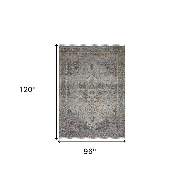 8' X 10' Oriental Hand Woven Area Rug With Fringe - Light Blue