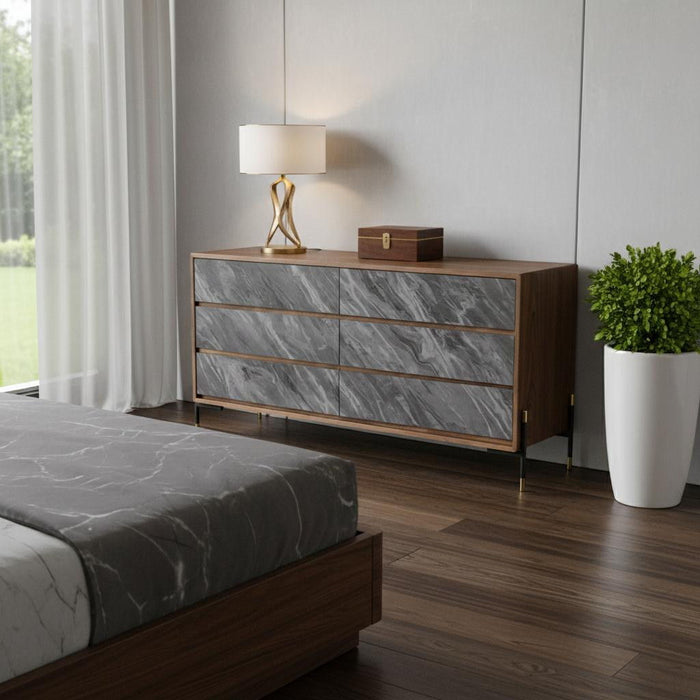 Faux Marble Wood Six Drawer Double Dresser - Walnut And Gray
