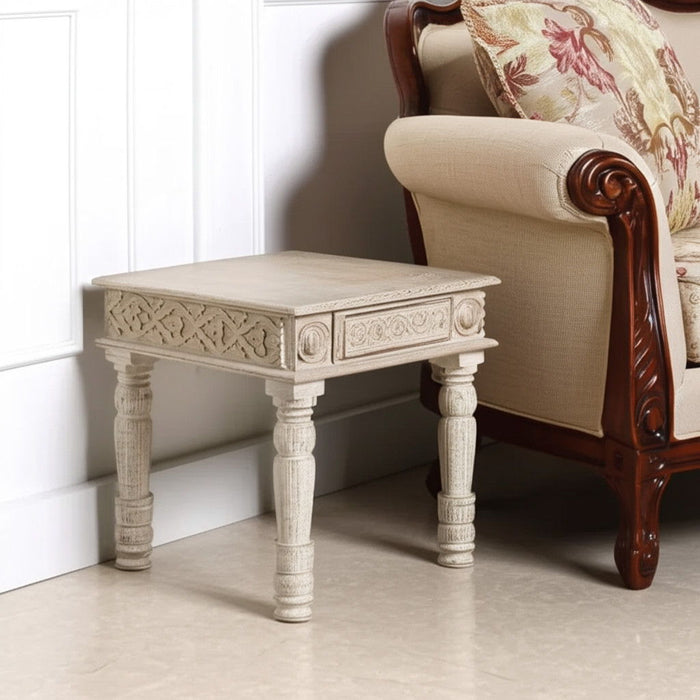 Distressed Solid Wood Square End Table - White