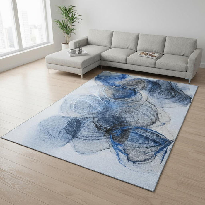 9' X 12' Abstract Washable Area Rug With UV Protection (647037) - Navy Blue / Ivory