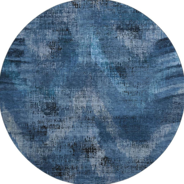 8' Abstract Washable Round Rug With UV Protection - Blue And Charcoal