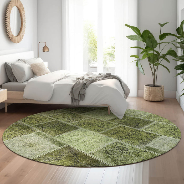 8' Patchwork Washable Round Rug With UV Protection - Olive Green And Gray
