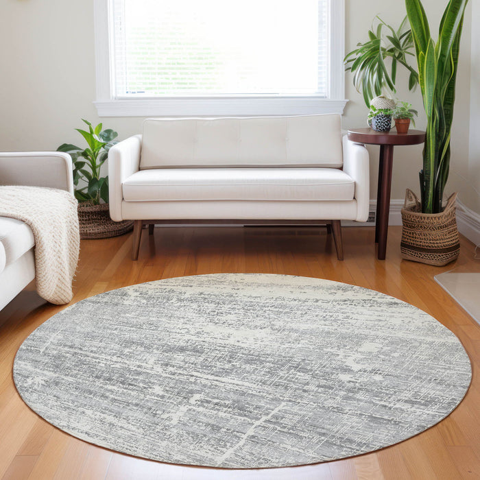 8' Abstract Washable Round Rug With UV Protection - Silver / Gray