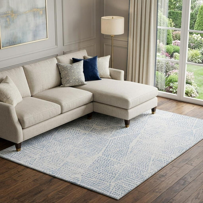 8' X 10' Diamond Washable Area Rug With UV Protection (650564) - Denim Blue / Ivory