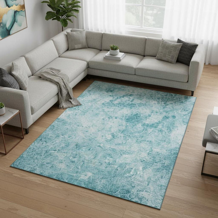 9' X 12' Abstract Washable Area Rug With UV Protection (648795) - Teal / Ivory