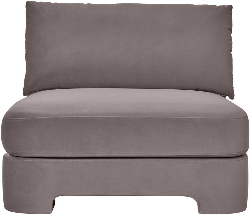 Velvet upholstered armless stationary chair by Meridian Furniture with sleek design and plush fabric for stylish comfort.