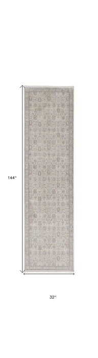 12' Oriental Power Loom Worn Faded Runner Rug With Fringe - Gray And Ivory