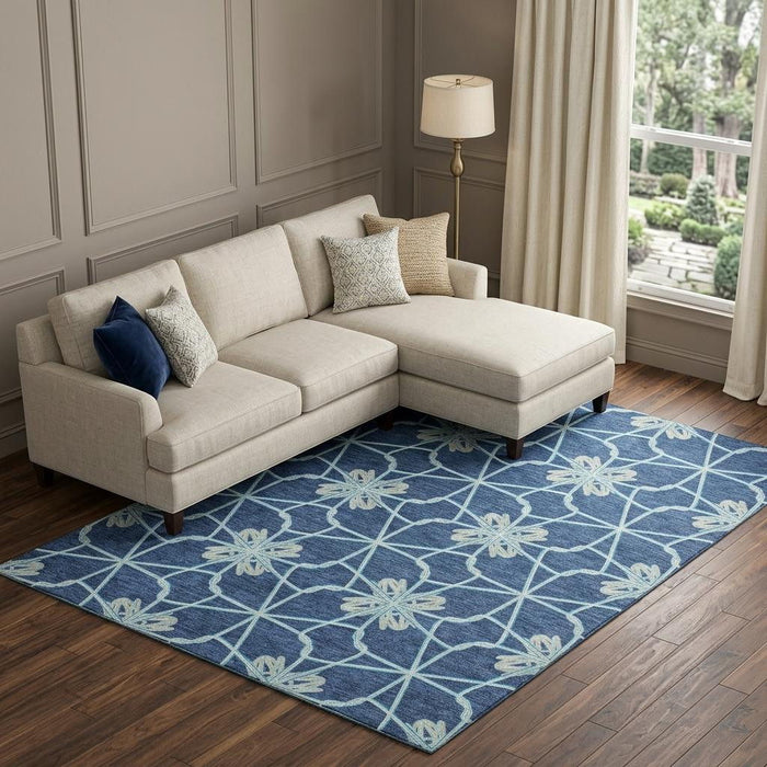 10' X 14' Geometric Washable Area Rug With UV Protection (675942) - Navy Blue / Ivory / Gray