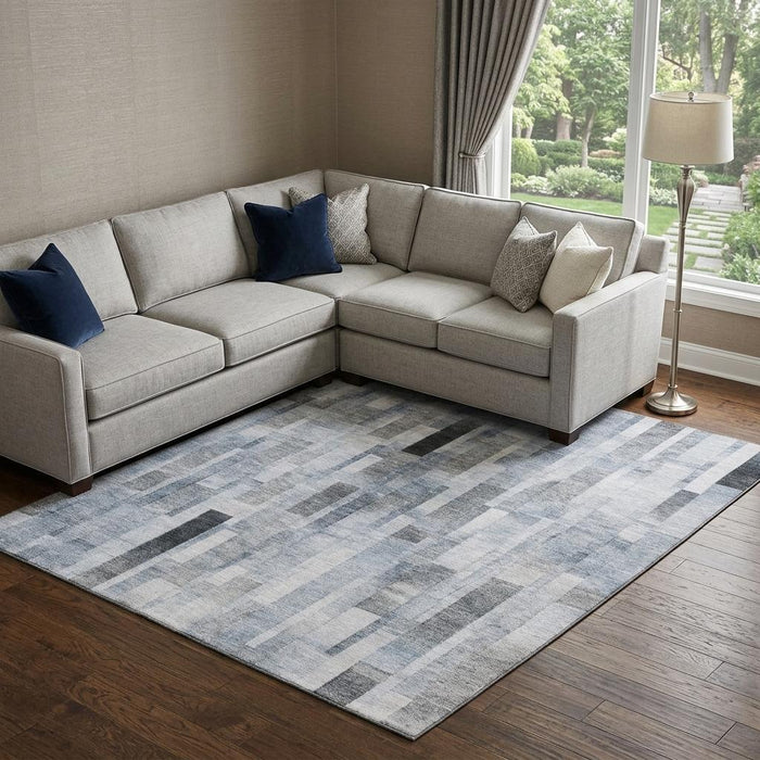 10' X 14' Striped Washable Area Rug With UV Protection (695354) - Blue / Ivory / Gray
