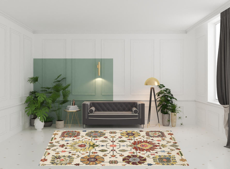 8' x 11' Oriental Power Loom Stain Resistant Area Rug With Fringe - Ivory Yellow Rust Green Gray Pink Orange Blue And Gray