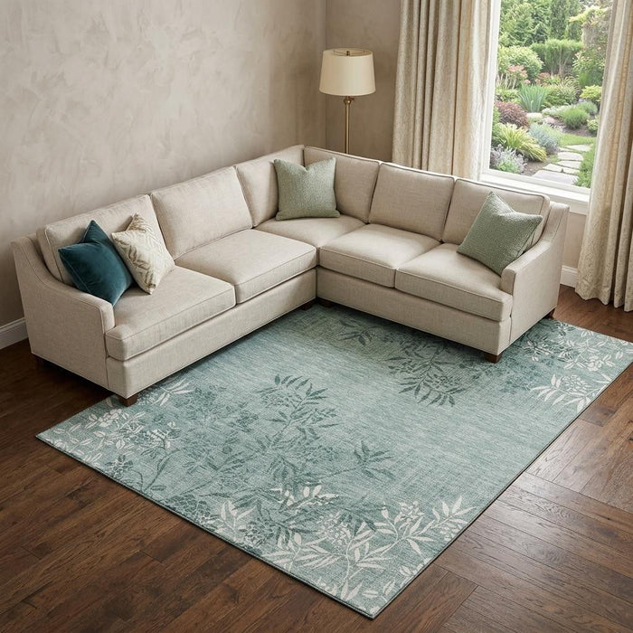 9' X 12' Floral Washable Area Rug With UV Protection (655673) - Sage / Ivory