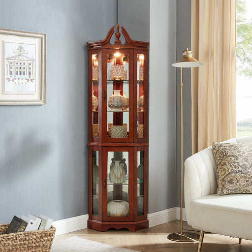 Giga corner curio cabinet with mirrored finish, walnut wood, adjustable tempered glass shelves, and built-in lighting.