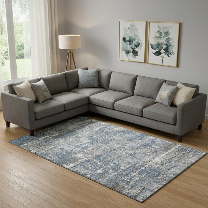 10' X 14' Geometric Washable Area Rug With UV Protection (709714) - Denim Blue / Gray / Ivory