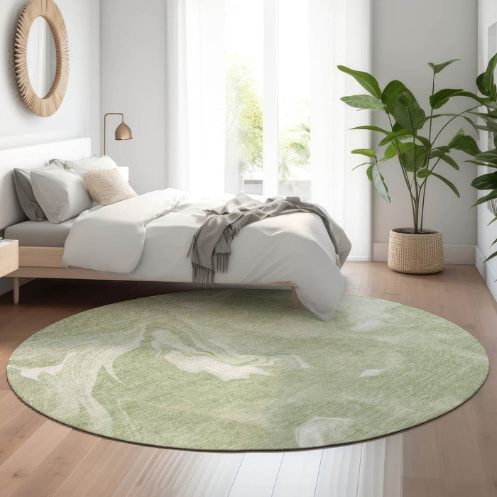 8' Abstract Washable Round Rug Polyester With UV Protection - Artichoke Green And Ivory