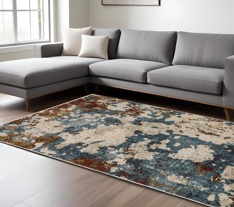 10' X 13' Modern Abstract Distressed Area Rug With Fringe - Beige